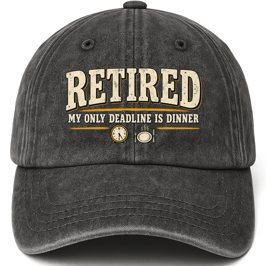 Black vintage washed cap with My Only Deadline Is Dinner printed front design