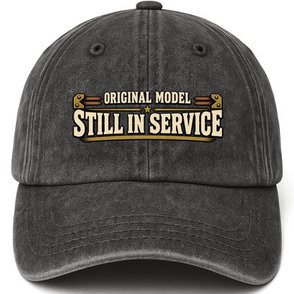 Black vintage washed cap with Original Model Still In Service printed front design