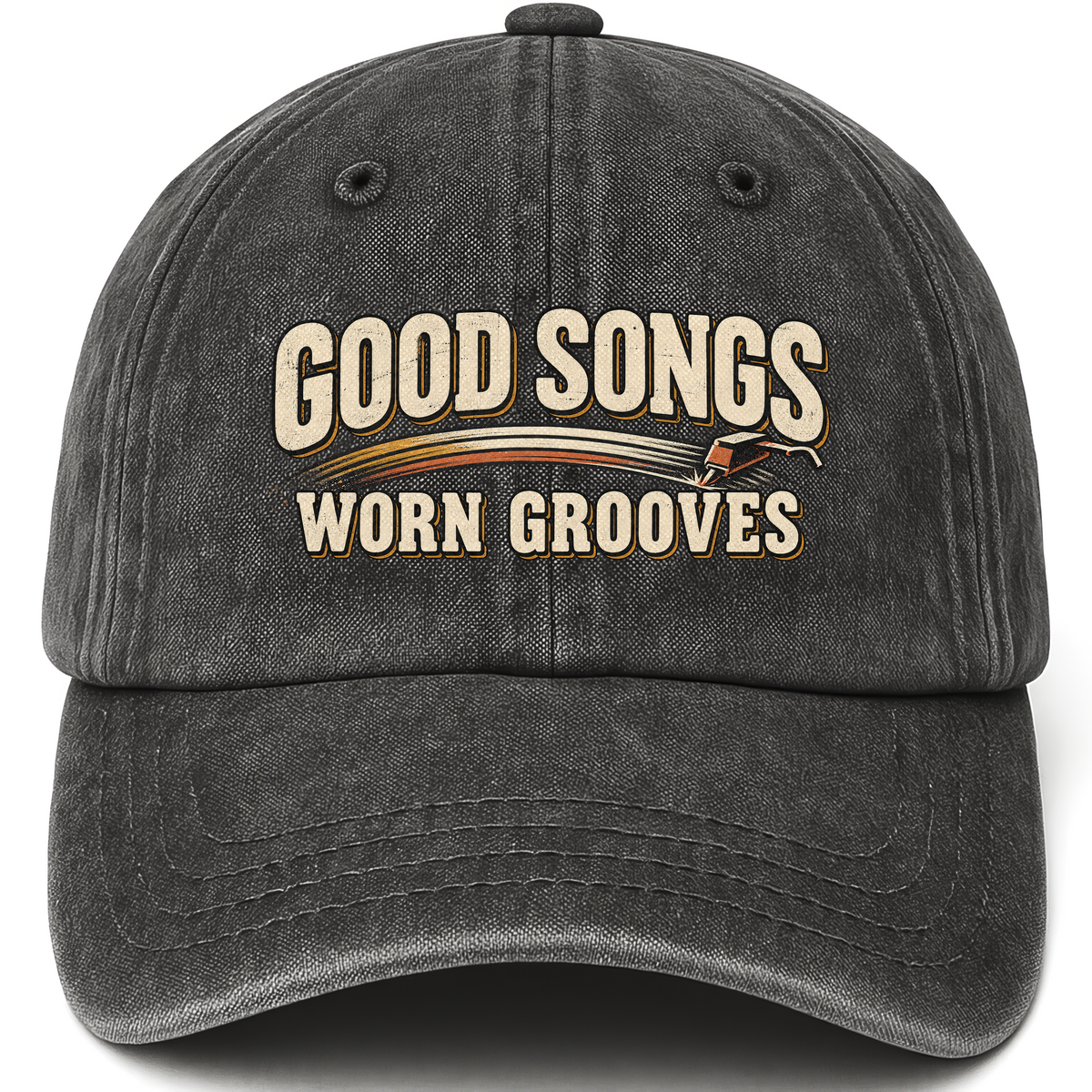 Black vintage washed cap with Good Songs Worn Grooves printed front design