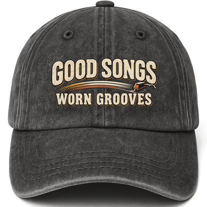 Black vintage washed cap with Good Songs Worn Grooves printed front design