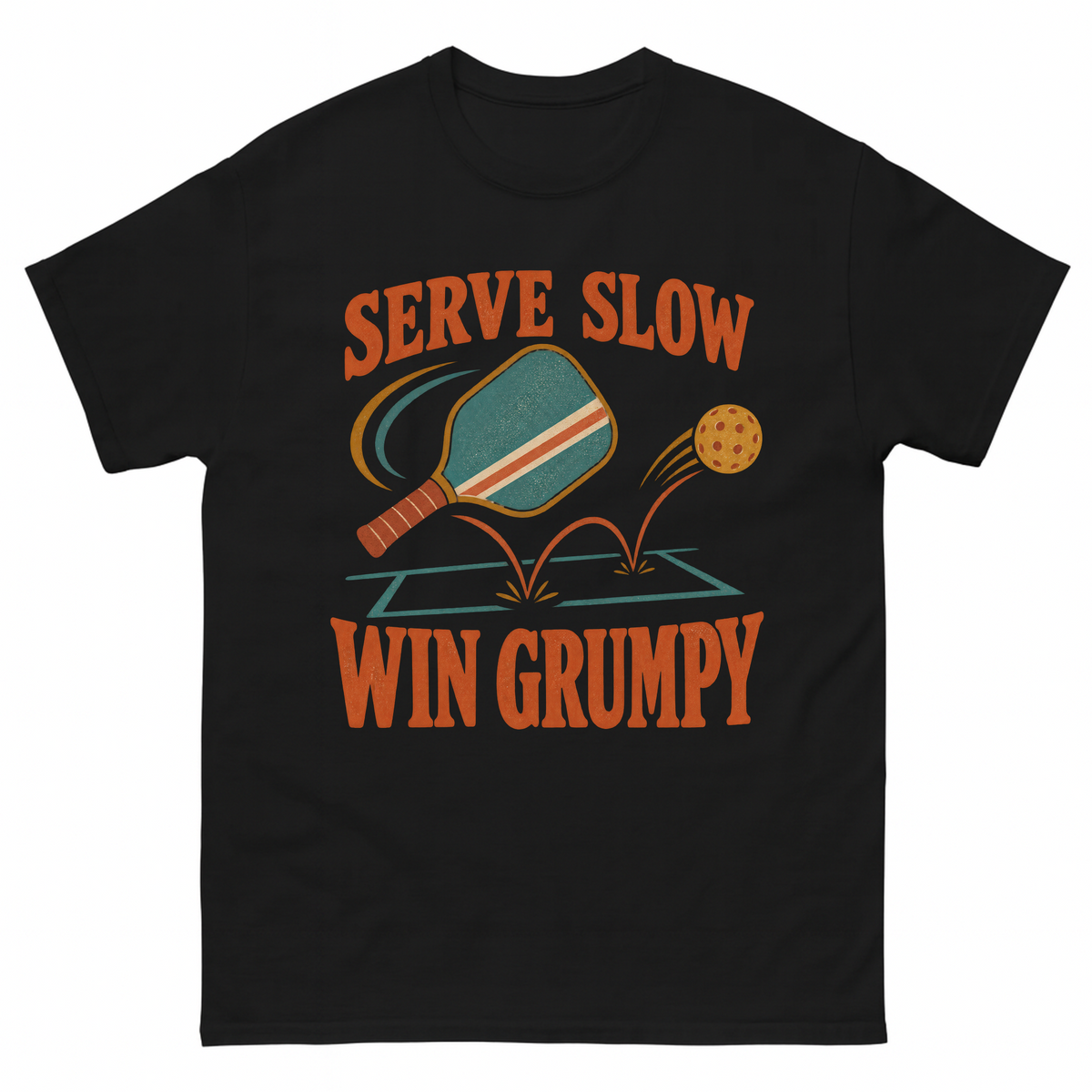 Black vintage t-shirt with Serve Slow Win Grumpy printed front design
