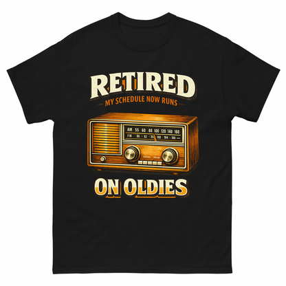 Black vintage t-shirt with 39 schedule runs on oldies ideogram 4x printed front design