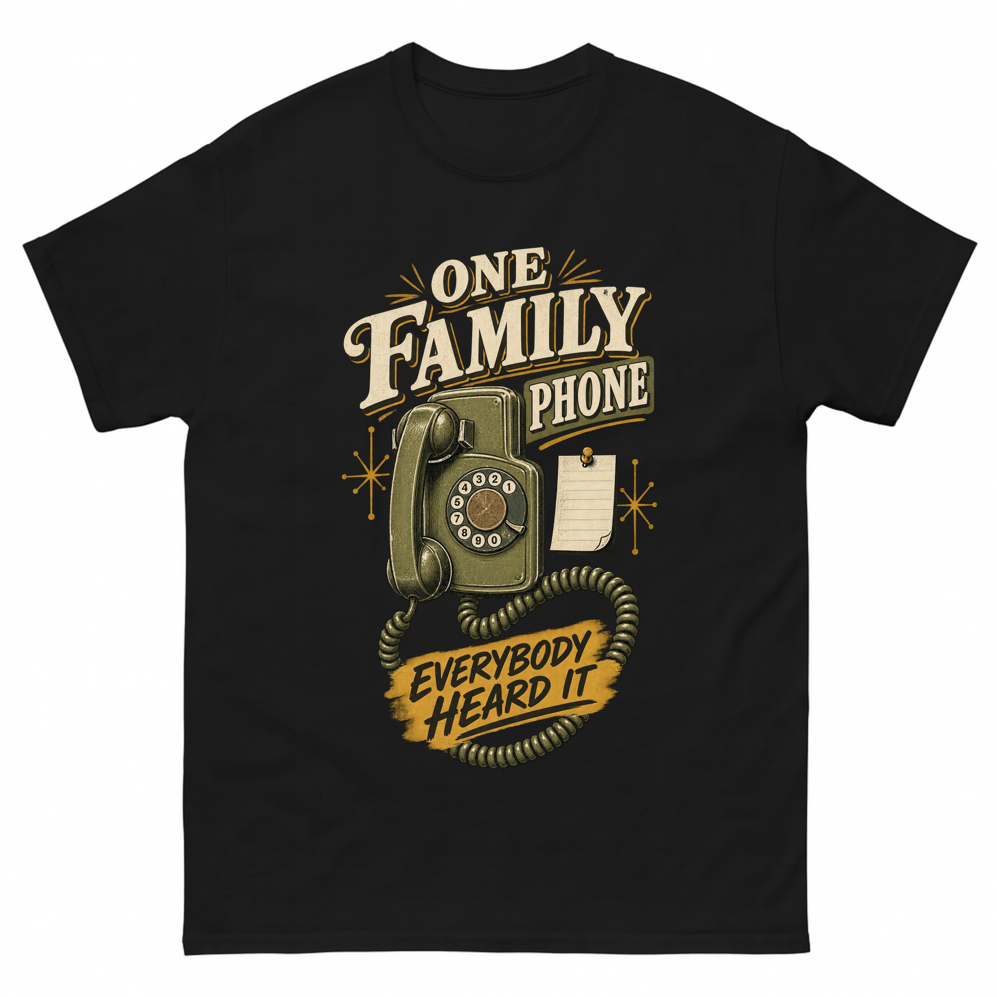 Black vintage t-shirt with One Family Phone. Everybody Heard It printed front design