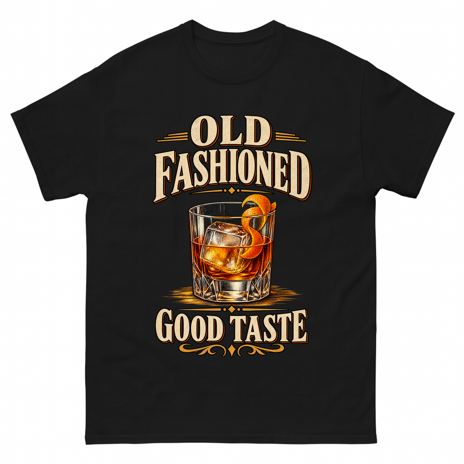 Black vintage t-shirt with Old Fashioned Good Taste printed front design