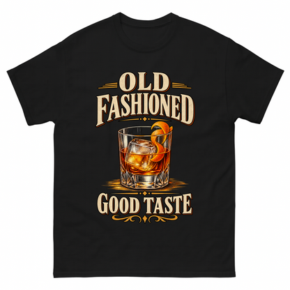 Black vintage t-shirt with Old Fashioned Good Taste printed front design