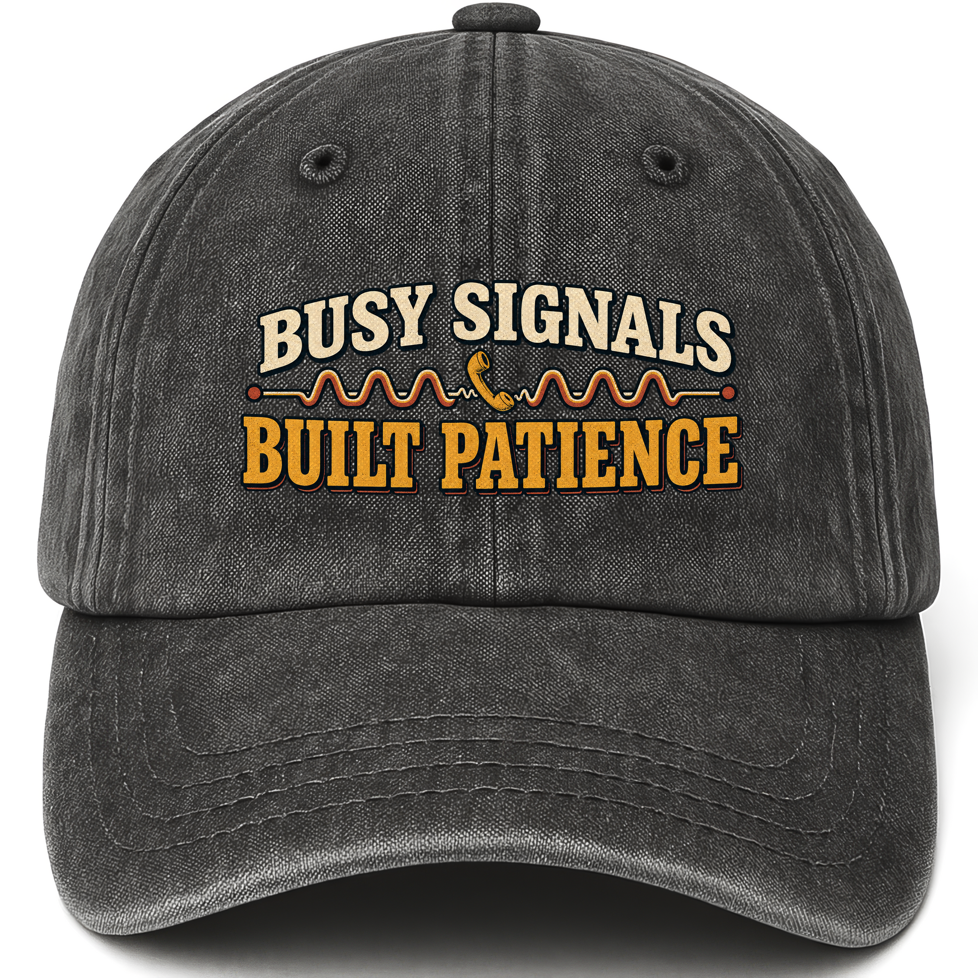 Black vintage washed cap with Busy Signals But Patience printed front design