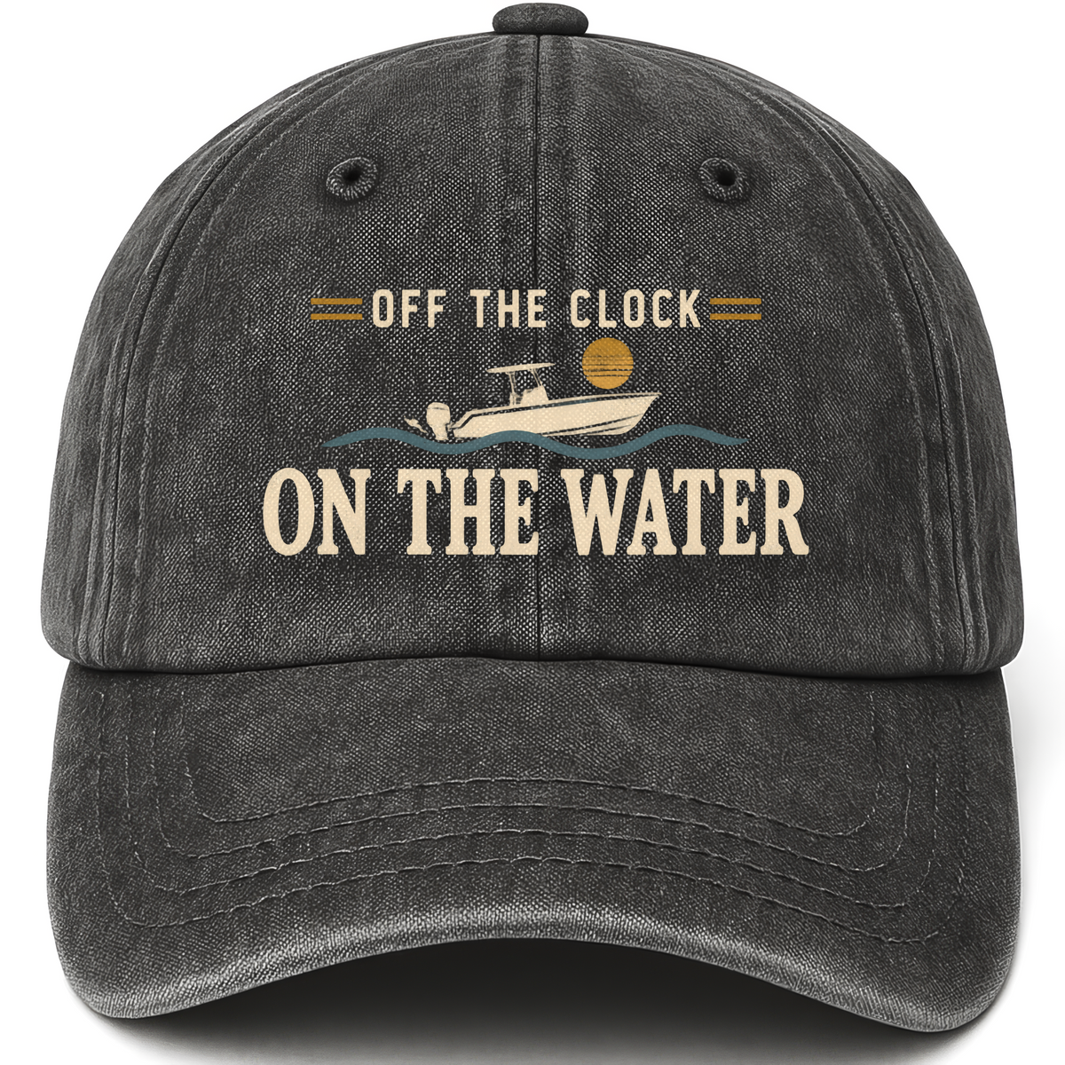 Black vintage washed cap with Off The Clock On The Water printed front design
