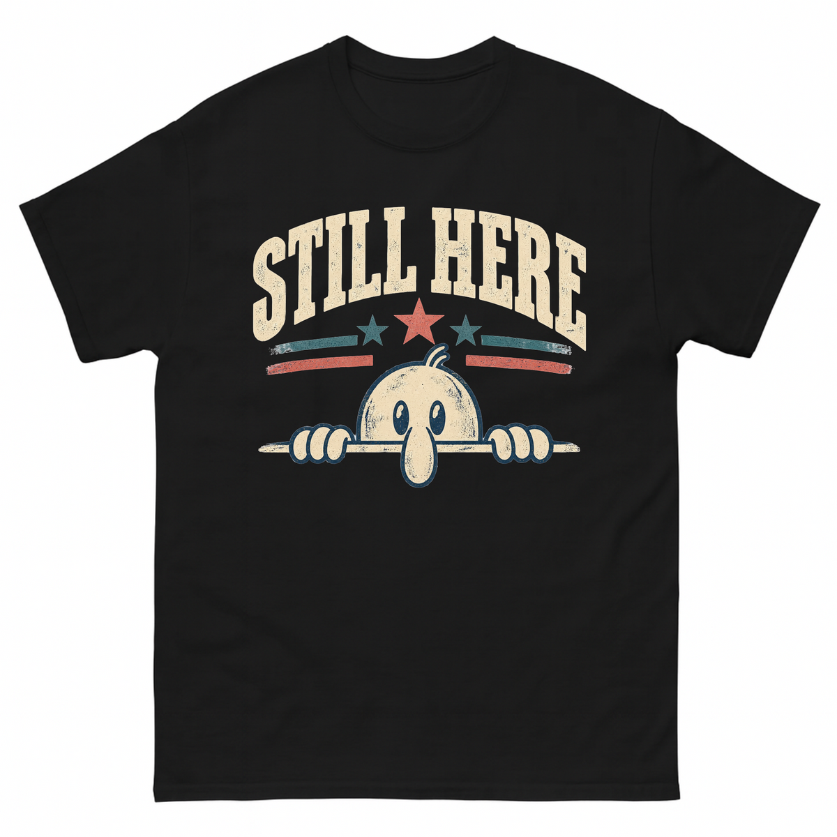 Black T-shirt with distressed Still Here mascot and stars printed on front