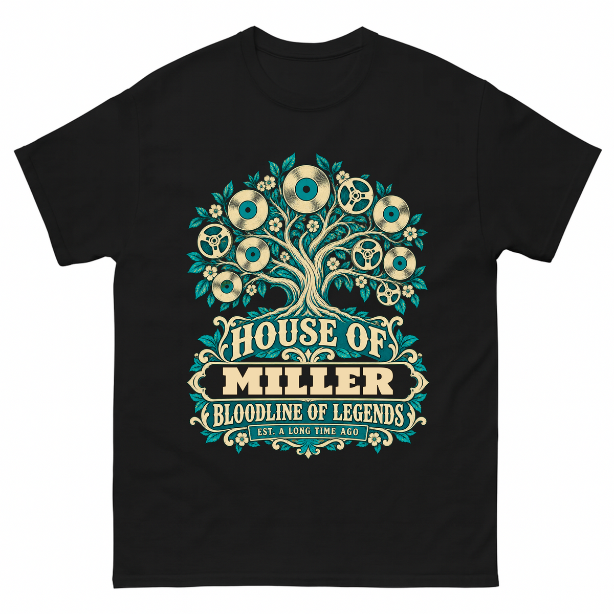Black vintage t-shirt with House Of Your Family Name Bloodline Of Legends Turquoise Tree printed front design