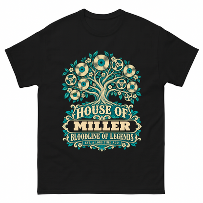 Black vintage t-shirt with House Of Your Family Name Bloodline Of Legends Turquoise Tree printed front design
