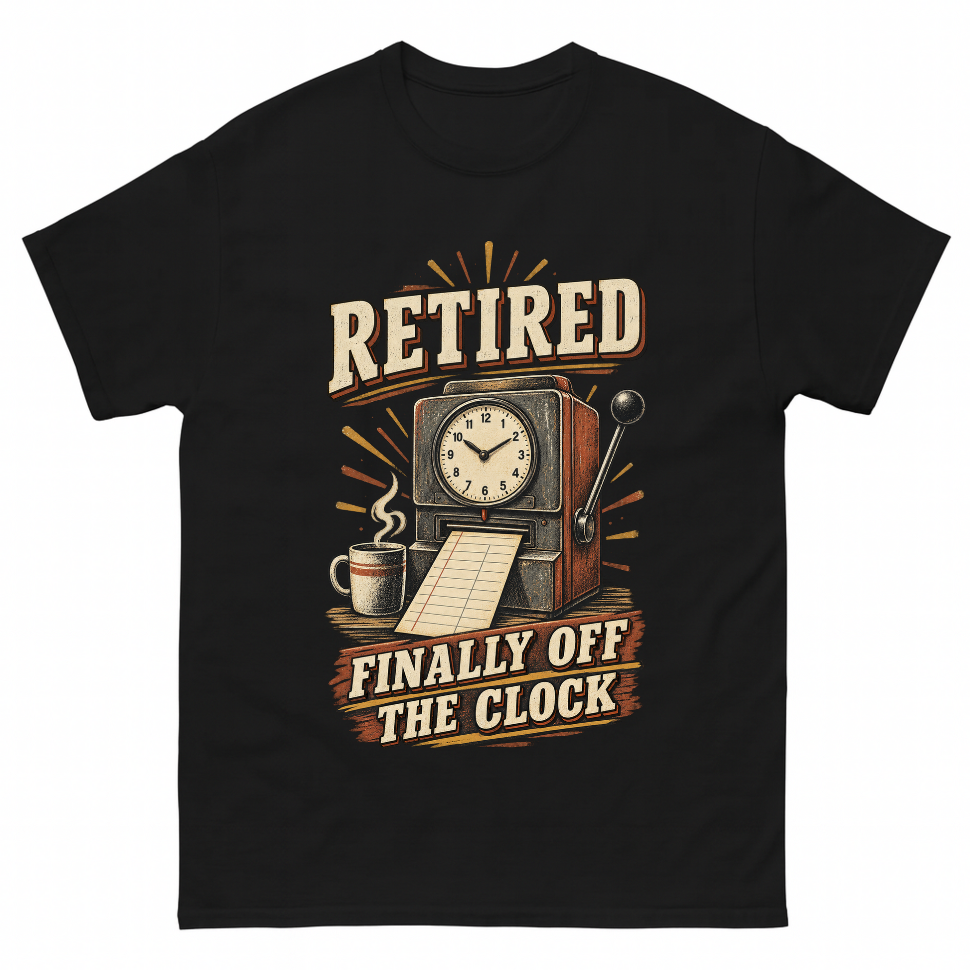 Black vintage t-shirt with Retired Finally Off The Clock printed front design