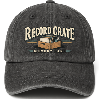 Black vintage washed cap with Record Crate Memory Lane printed front design