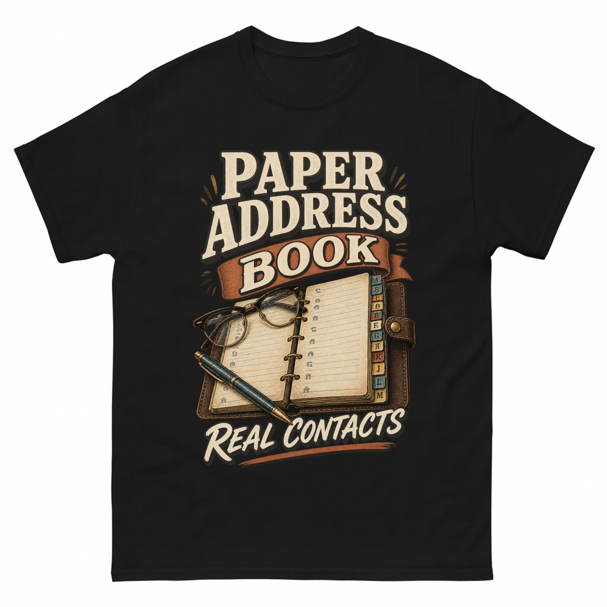 Black vintage t-shirt with Paper Address Book. Real Contacts printed front design