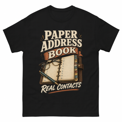 Black vintage t-shirt with Paper Address Book. Real Contacts printed front design