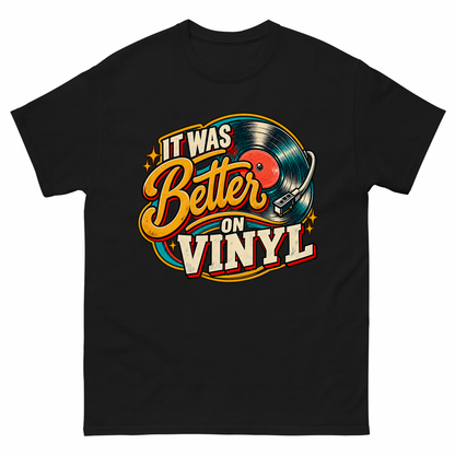 Black vintage t-shirt with It Was Better On Vinyl printed front design