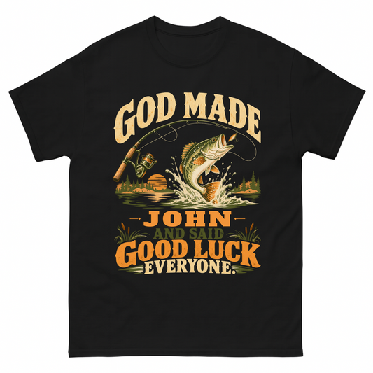 Black vintage t-shirt with God Made Your Name And Said Good Luck Fishing printed front design