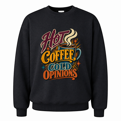 Black vintage sweatshirt with Hot Coffee. Cold Opinions printed front design