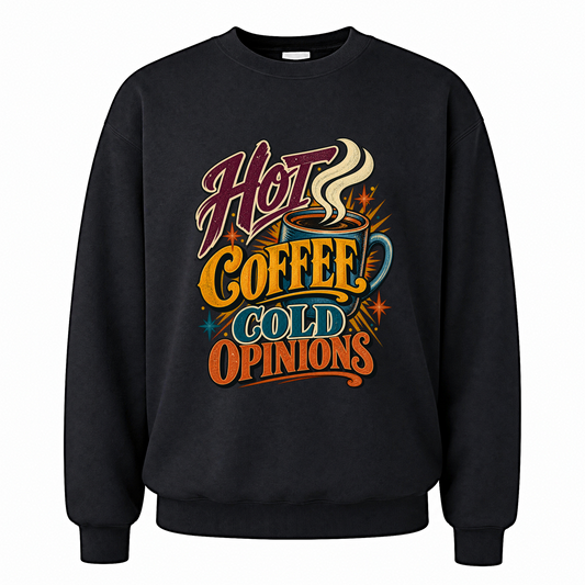 Black vintage sweatshirt with Hot Coffee. Cold Opinions printed front design