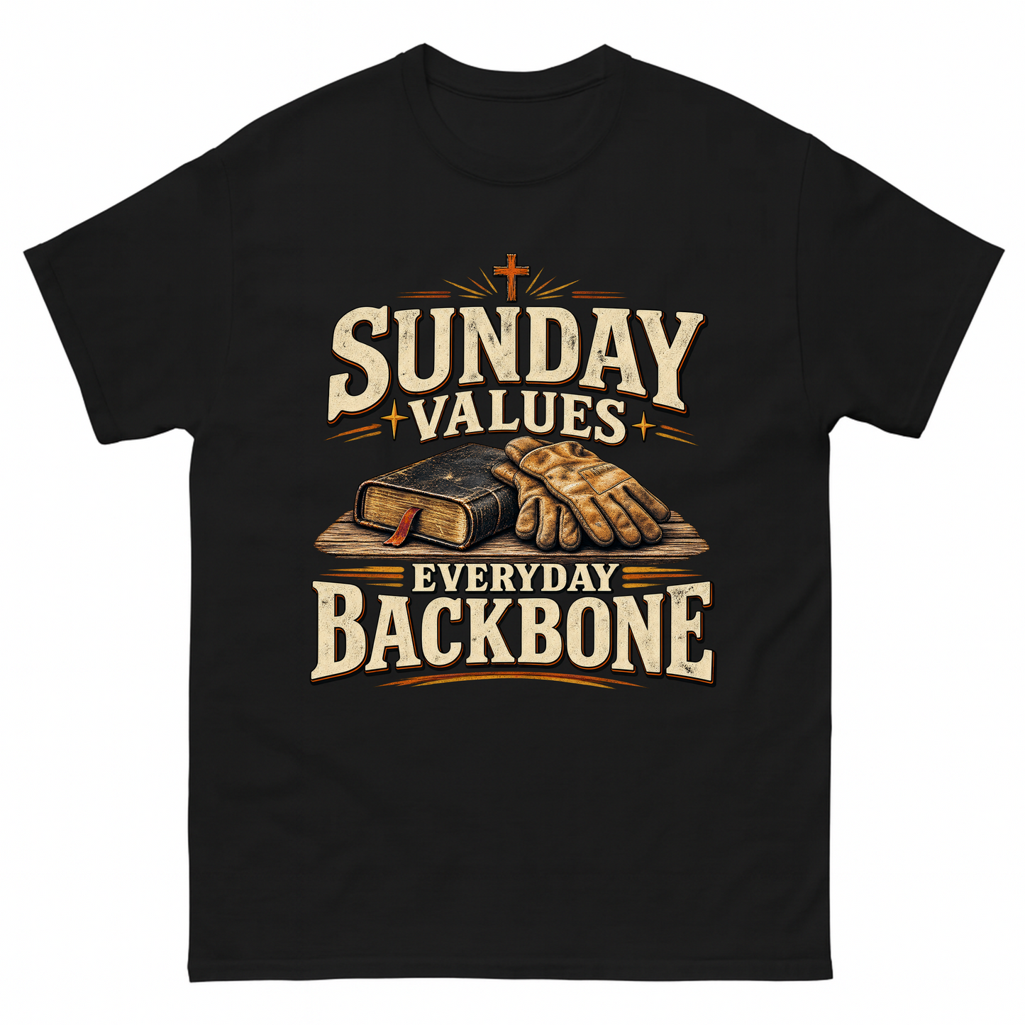Black vintage t-shirt with Sunday Values Everyday Backbone printed front design