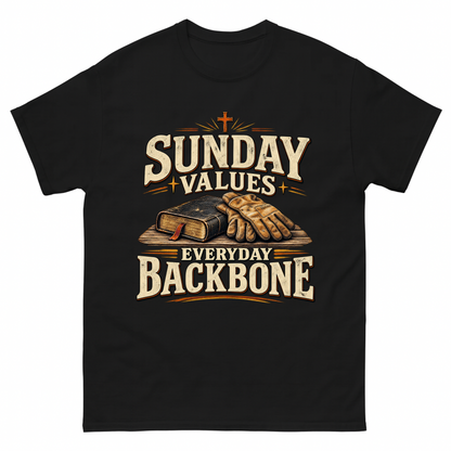 Black vintage t-shirt with Sunday Values Everyday Backbone printed front design