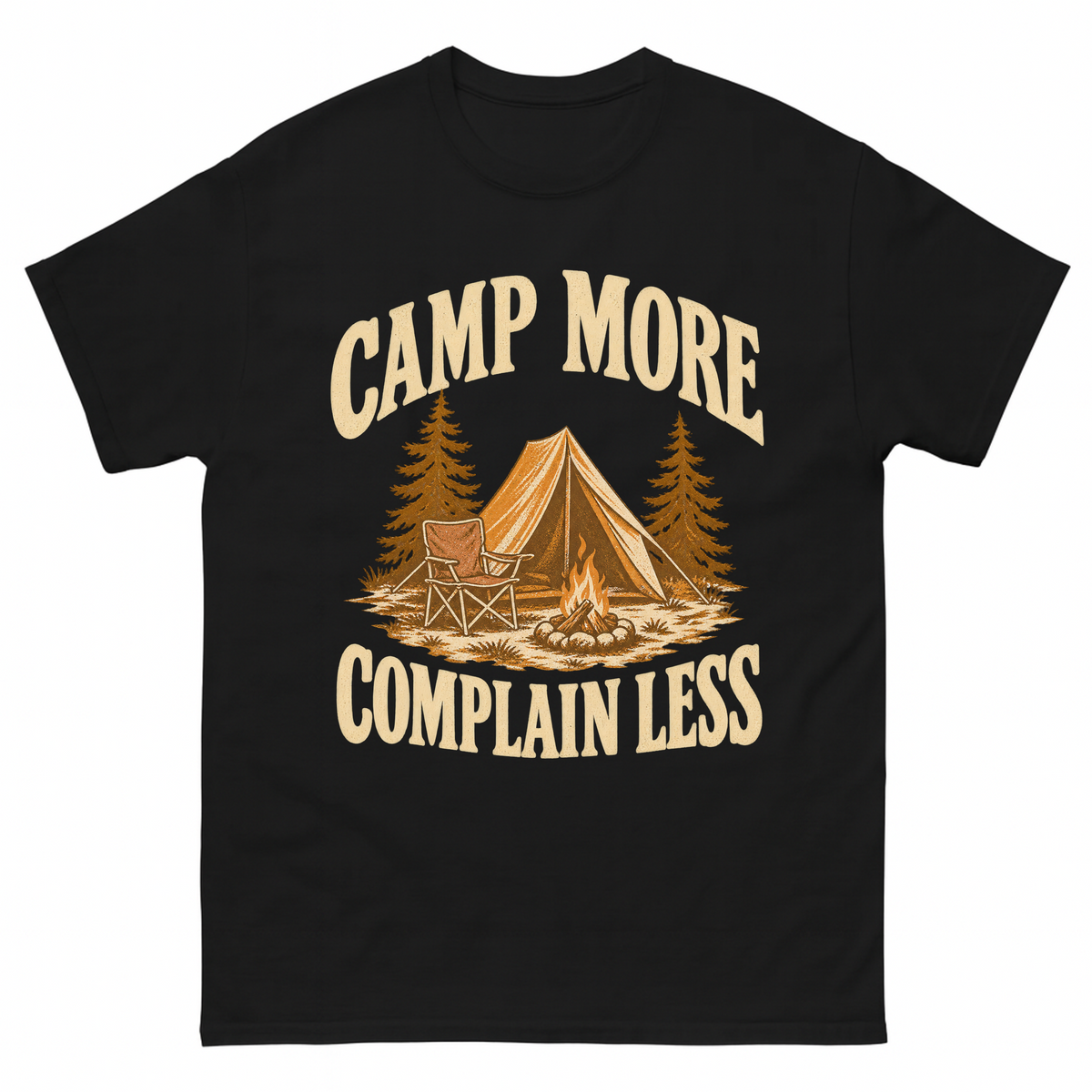 Black vintage t-shirt with Camp More. Complain Less printed front design