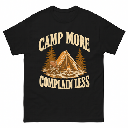 Black vintage t-shirt with Camp More. Complain Less printed front design