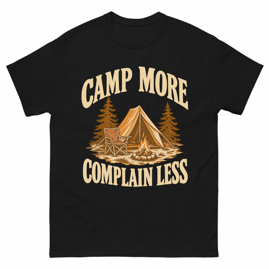 Black vintage t-shirt with Camp More. Complain Less printed front design