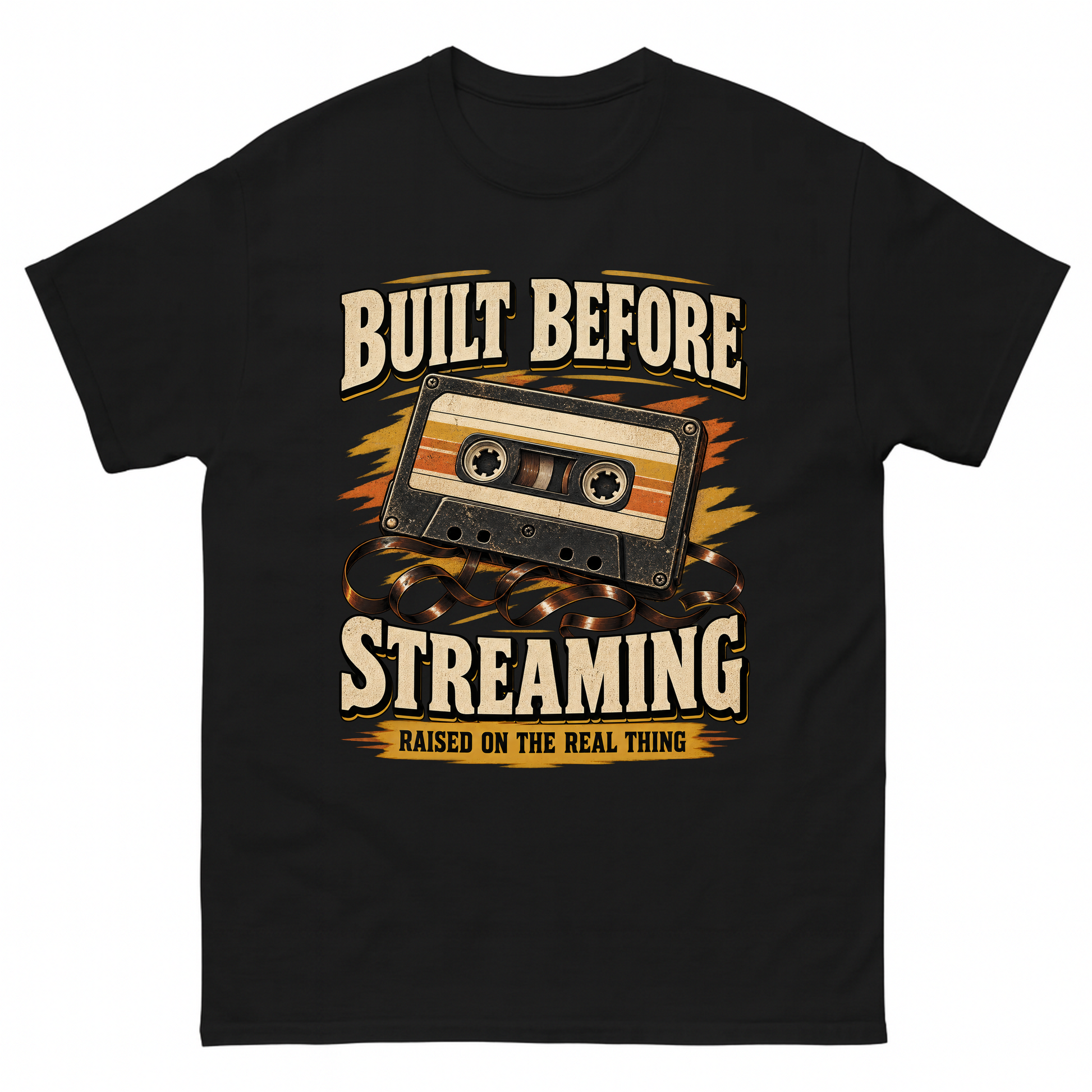 Black vintage t-shirt with Built Before Streaming Raised On The Real Thing printed front design