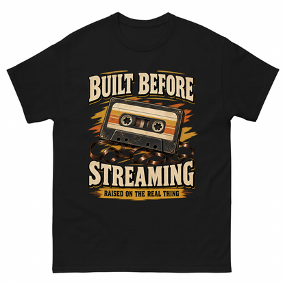 Black vintage t-shirt with Built Before Streaming Raised On The Real Thing printed front design