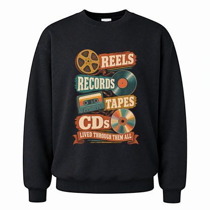 Black vintage sweatshirt with Reels Records Tapes Cds Lived Through Them All printed front design
