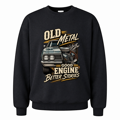 Black vintage sweatshirt with Old Metal Good Engine Better Stories printed front design