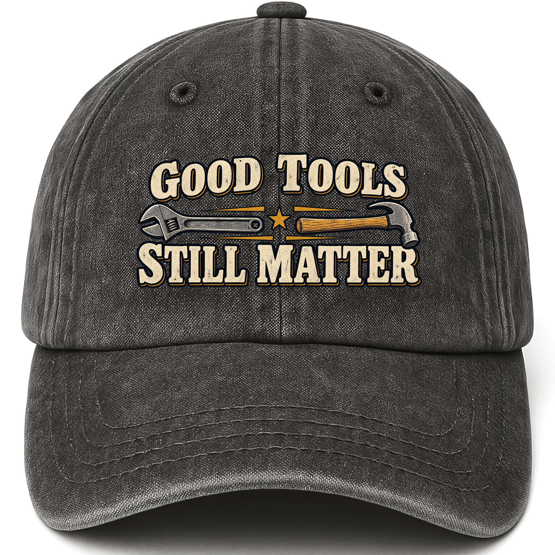Black vintage washed cap with Good Tools Still Matter printed front design
