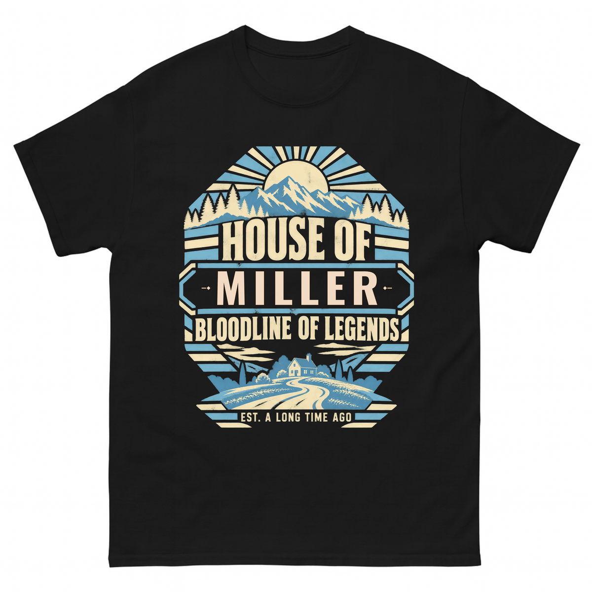Black vintage t-shirt with House Of Your Family Name Bloodline Of Legends Mountain printed front design