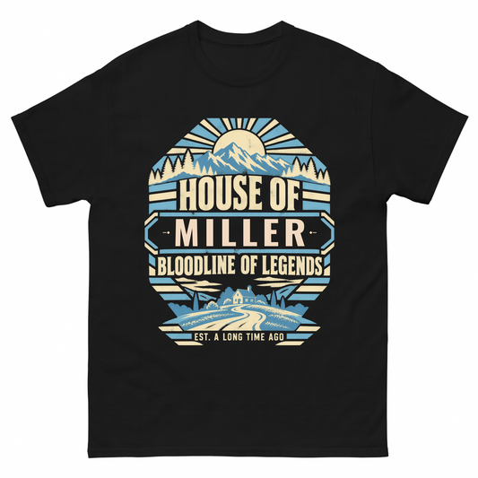 Black vintage t-shirt with House Of Your Family Name Bloodline Of Legends Mountain printed front design