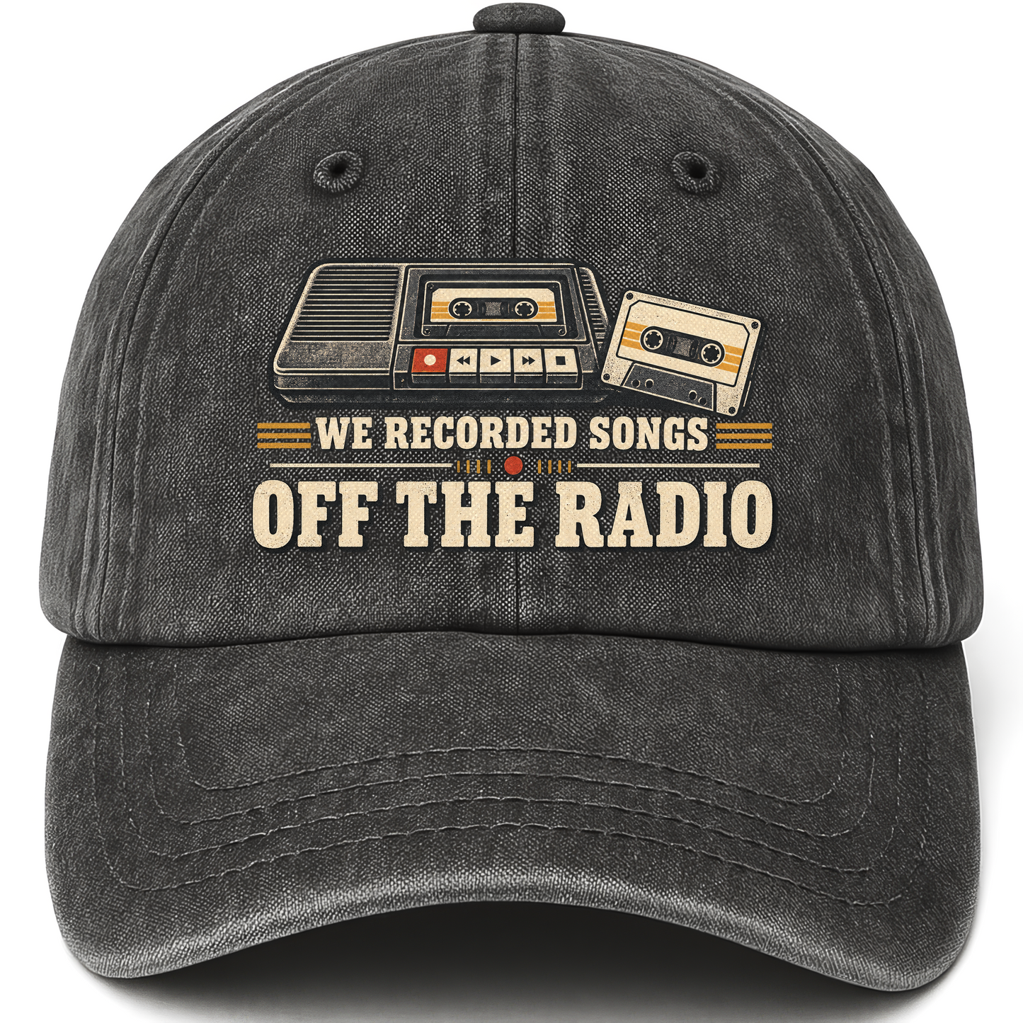 Black vintage washed cap with We Recorded Songs Off The Radio printed front design