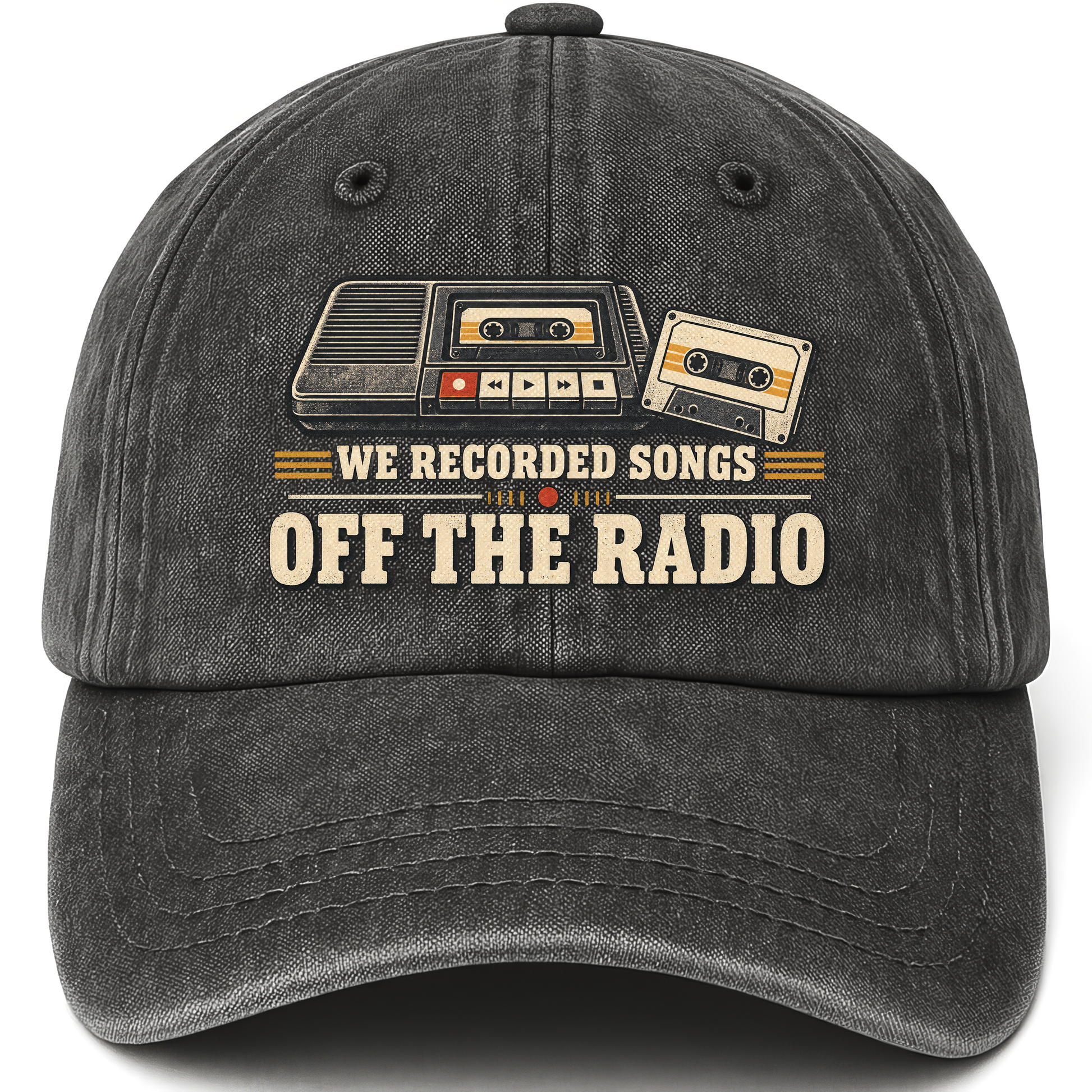 Black vintage washed cap with We Recorded Songs Off The Radio printed front design