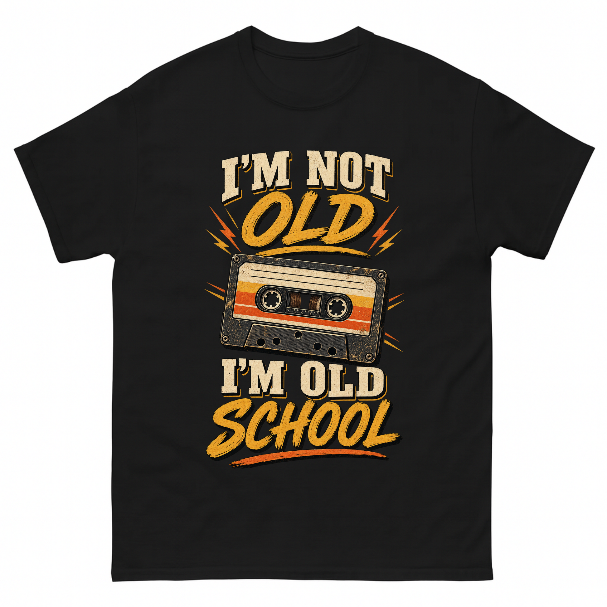 Black vintage t-shirt with 41 i m old school ideogram 4x printed front design