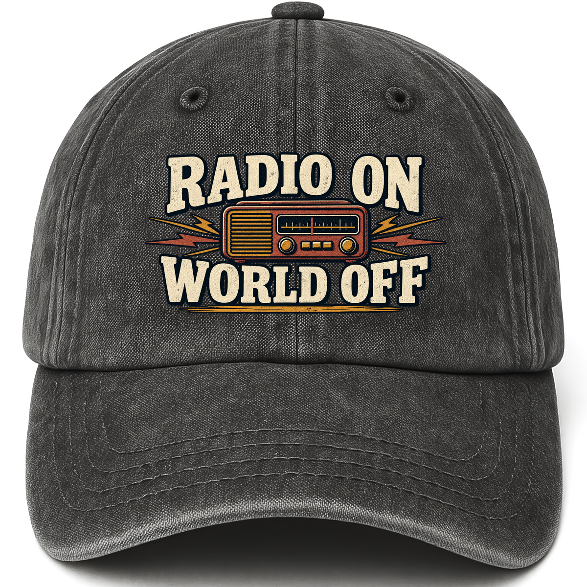 Black vintage washed cap with Radio On World Off printed front design