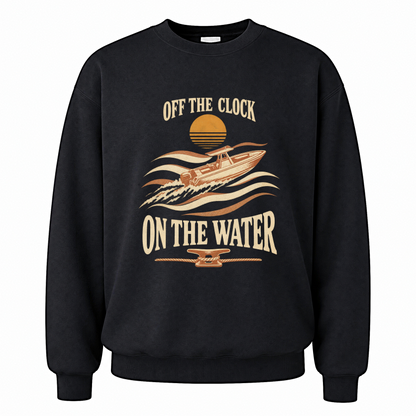 Black vintage sweatshirt with Off The Clock On The Water printed front design