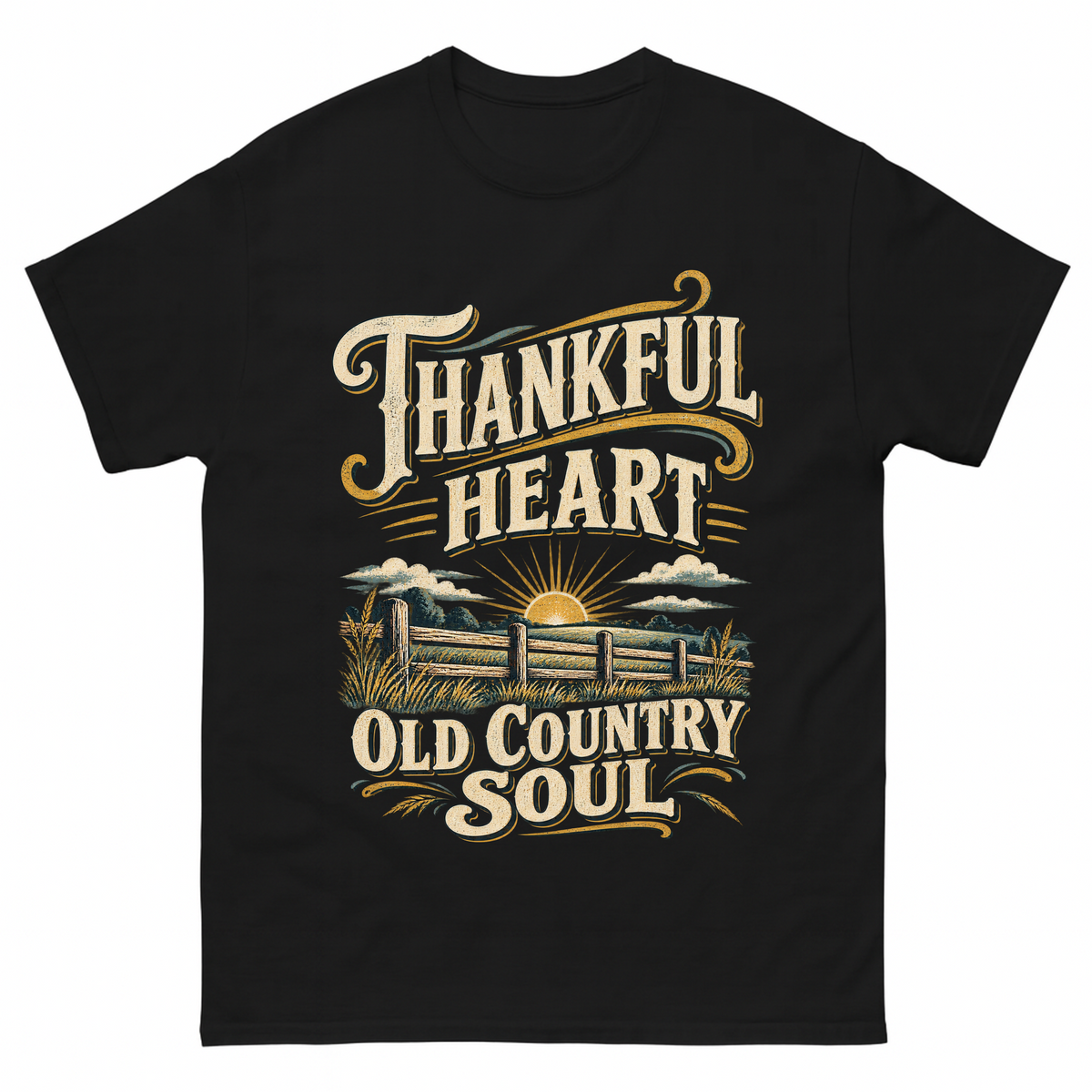 Black vintage t-shirt with Thankful Heart Old Country Soul printed front design