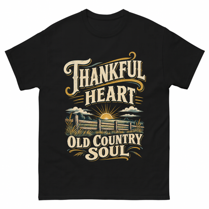 Black vintage t-shirt with Thankful Heart Old Country Soul printed front design