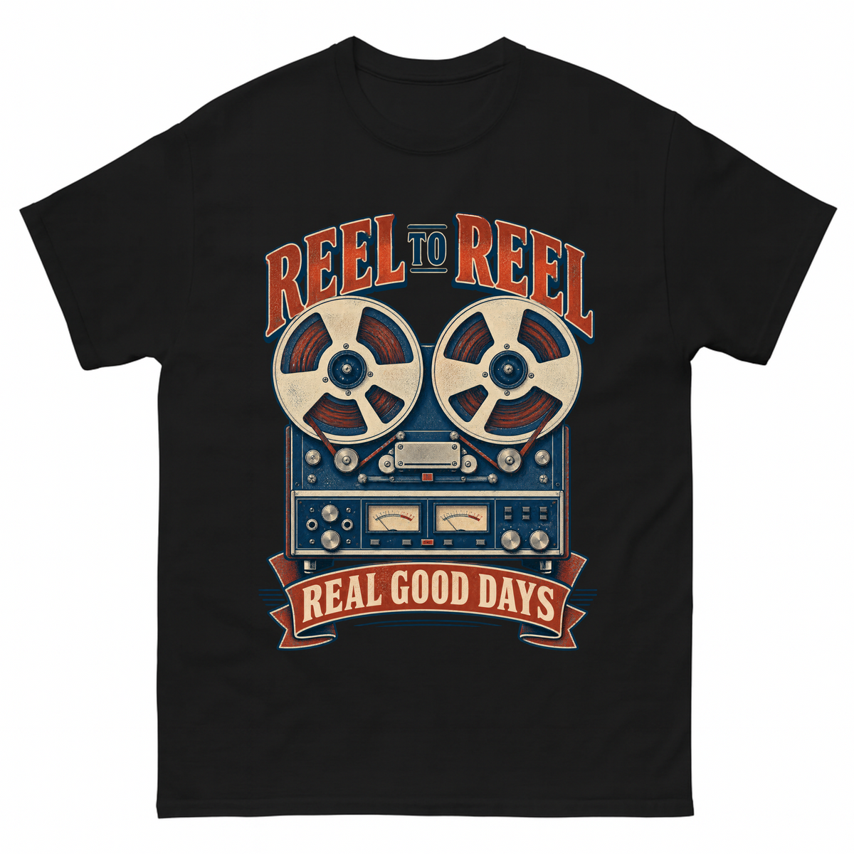 Black vintage t-shirt with Reel To Reel Real Good Days printed front design