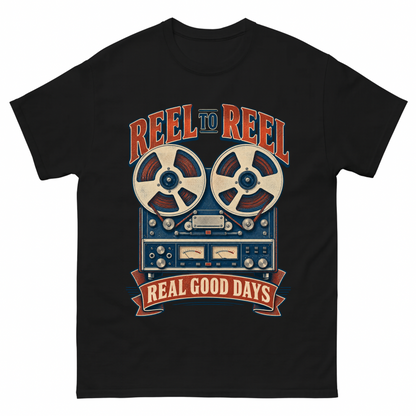 Black vintage t-shirt with Reel To Reel Real Good Days printed front design