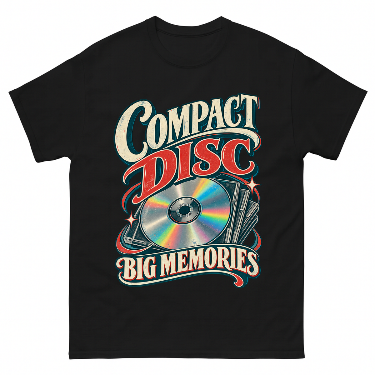 Black vintage t-shirt with Compact Disc Big Memories printed front design