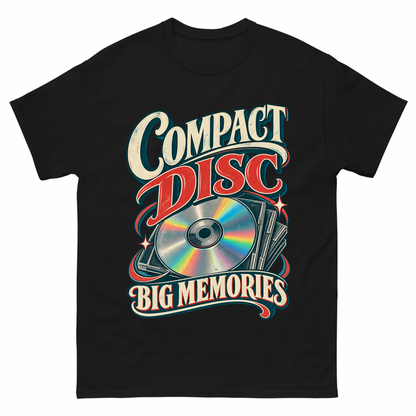 Black vintage t-shirt with Compact Disc Big Memories printed front design