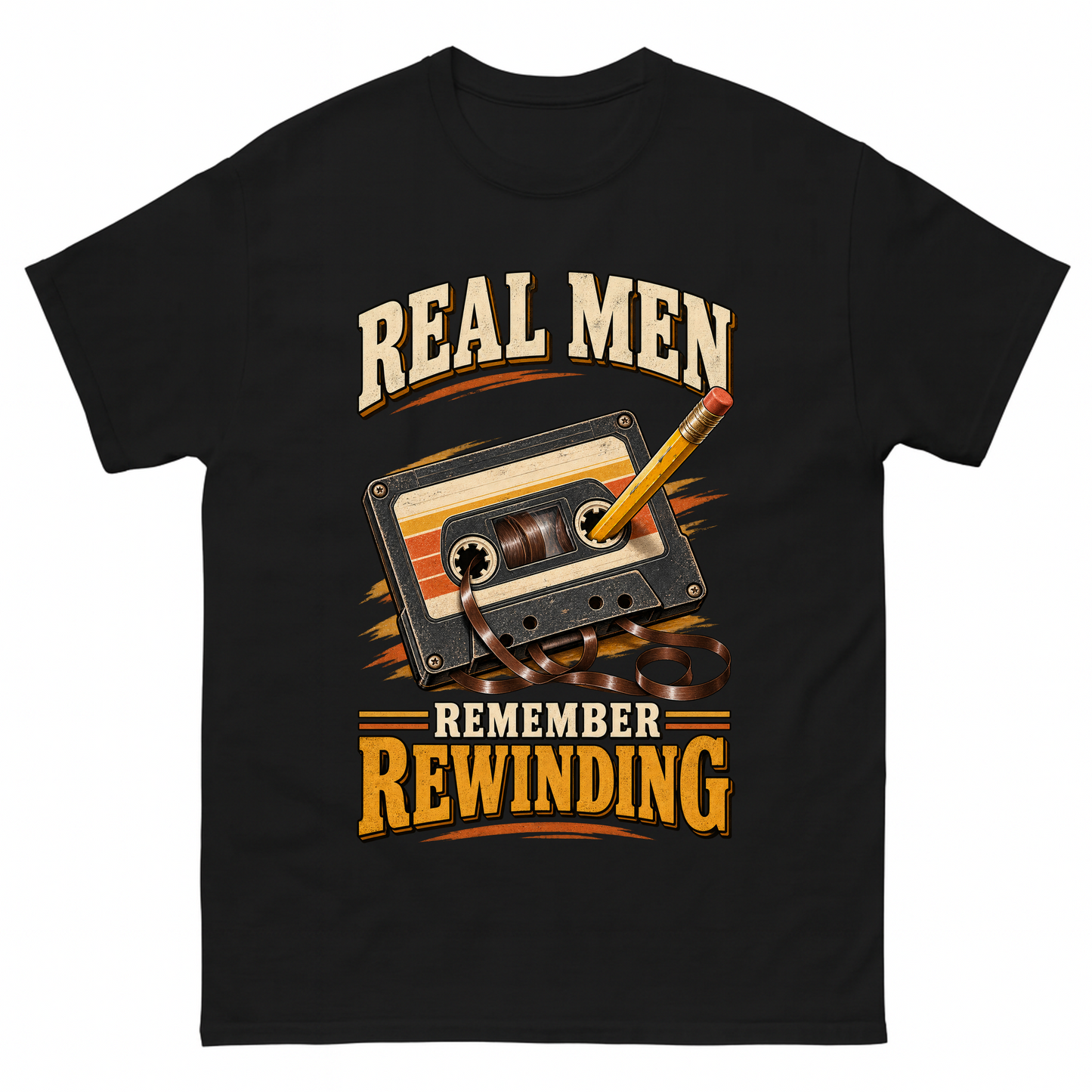 Black vintage t-shirt with 45 real men remember rewinding ideogram 4x printed front design