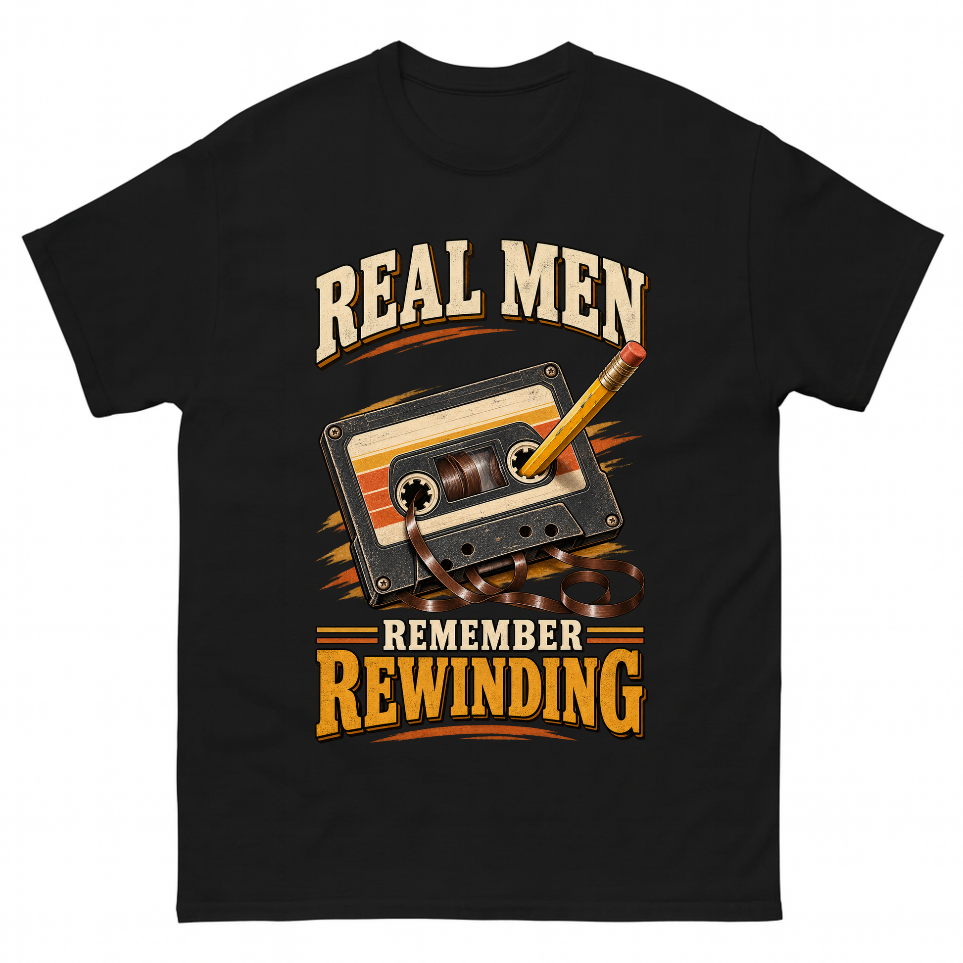 Black vintage t-shirt with 45 real men remember rewinding ideogram 4x printed front design