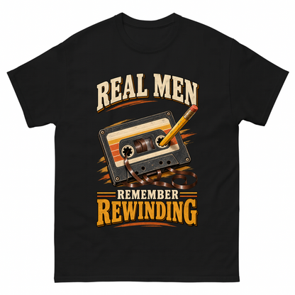 Black vintage t-shirt with 45 real men remember rewinding ideogram 4x printed front design