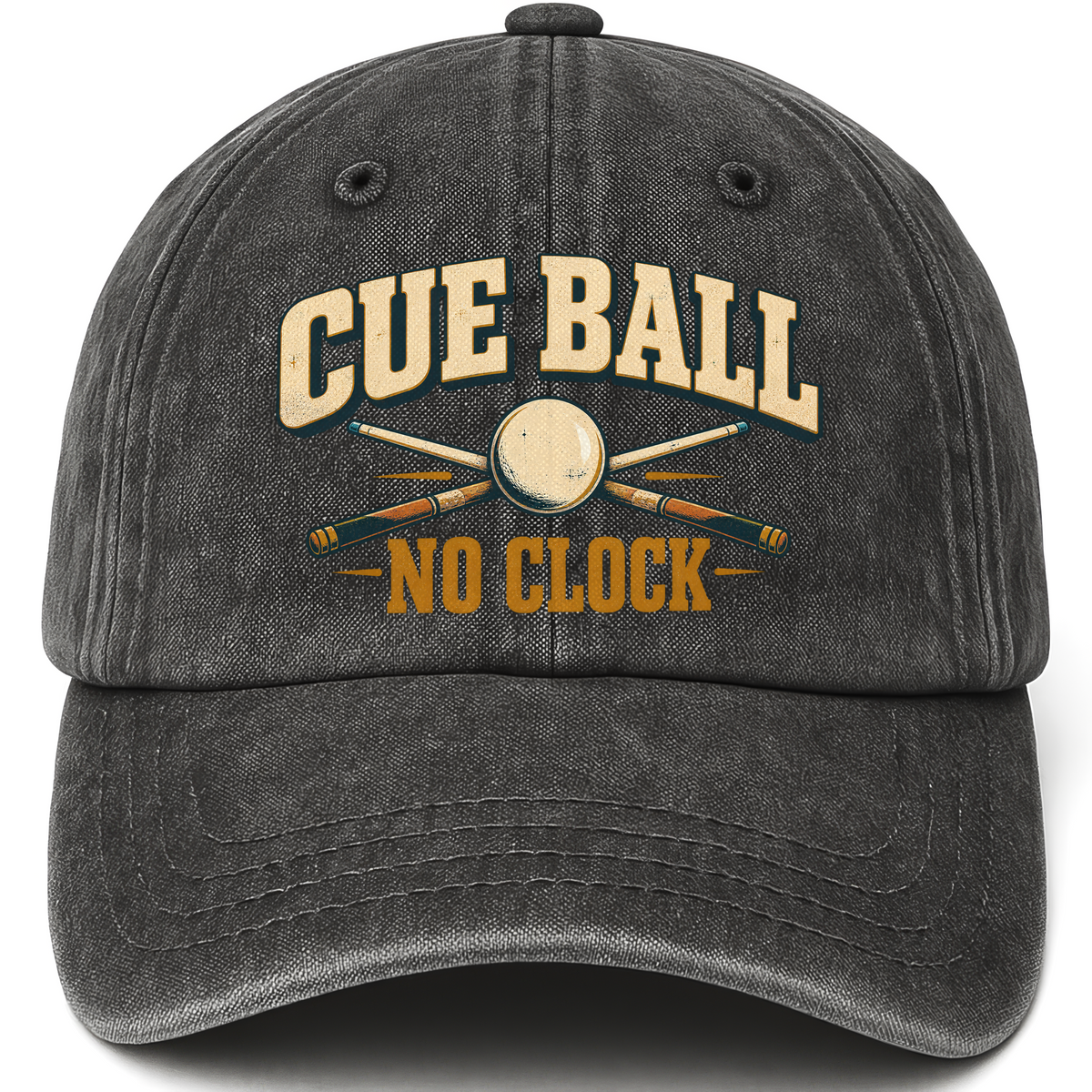 Black vintage washed cap with Cue Ball No Clock printed front design