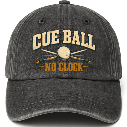 Black vintage washed cap with Cue Ball No Clock printed front design